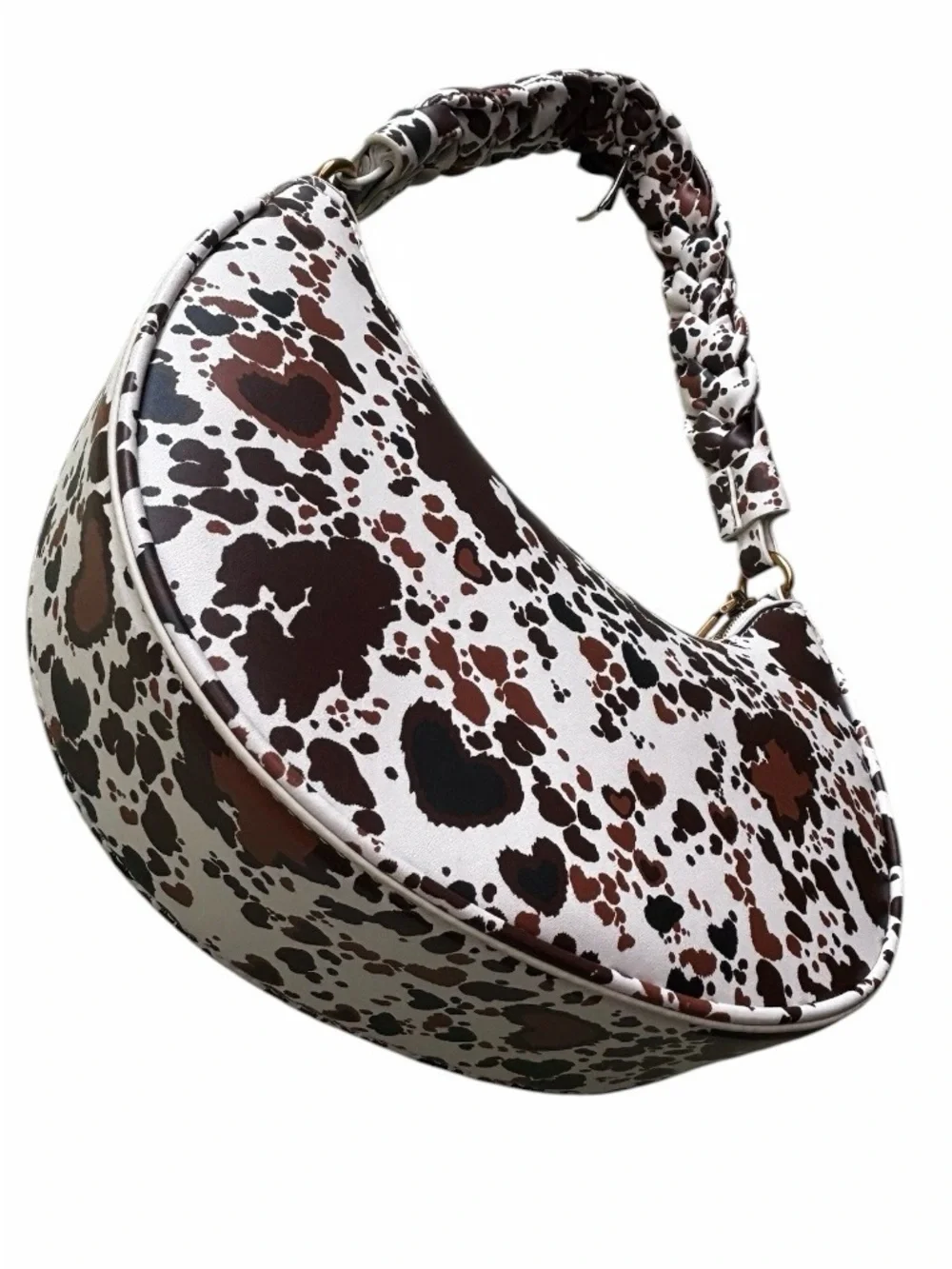 Betsey Johnson White Brown Black  Cowspot Hearts Crescent Shoulder Bag